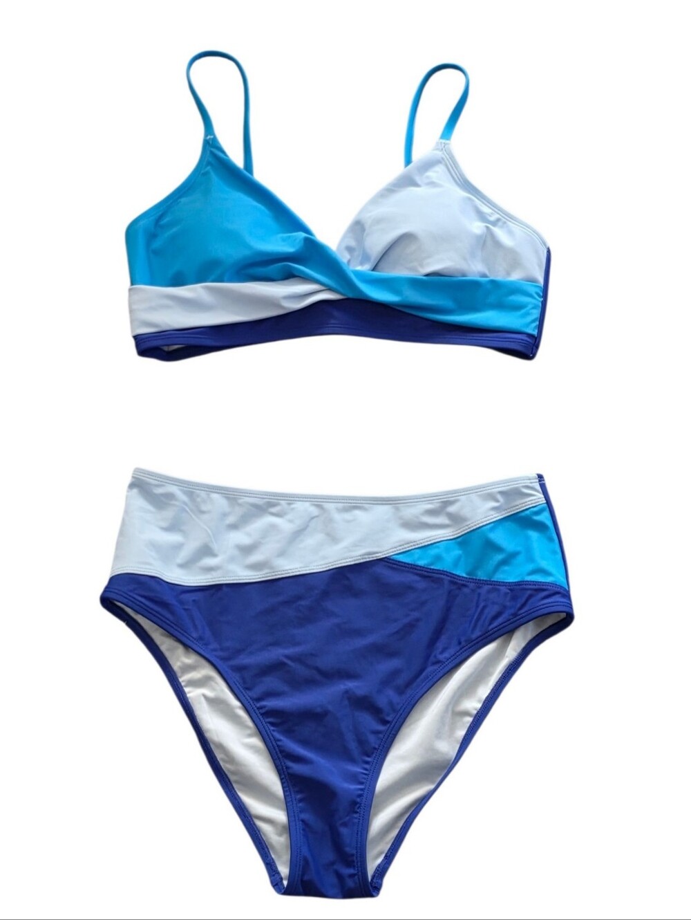Cupshe V-neck Twist Bra & Spliced High Waist Bikini Set Blue Size L - Picture 3 of 16